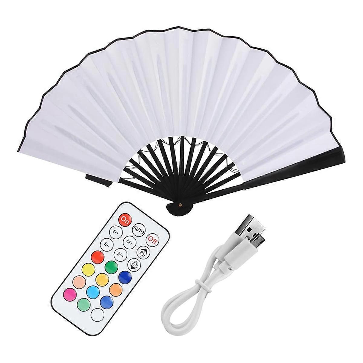 LED Glowing Colorful Chinese Hand Held Folding Fan with Remote Control Stage Performance Show Light Up Fan White
