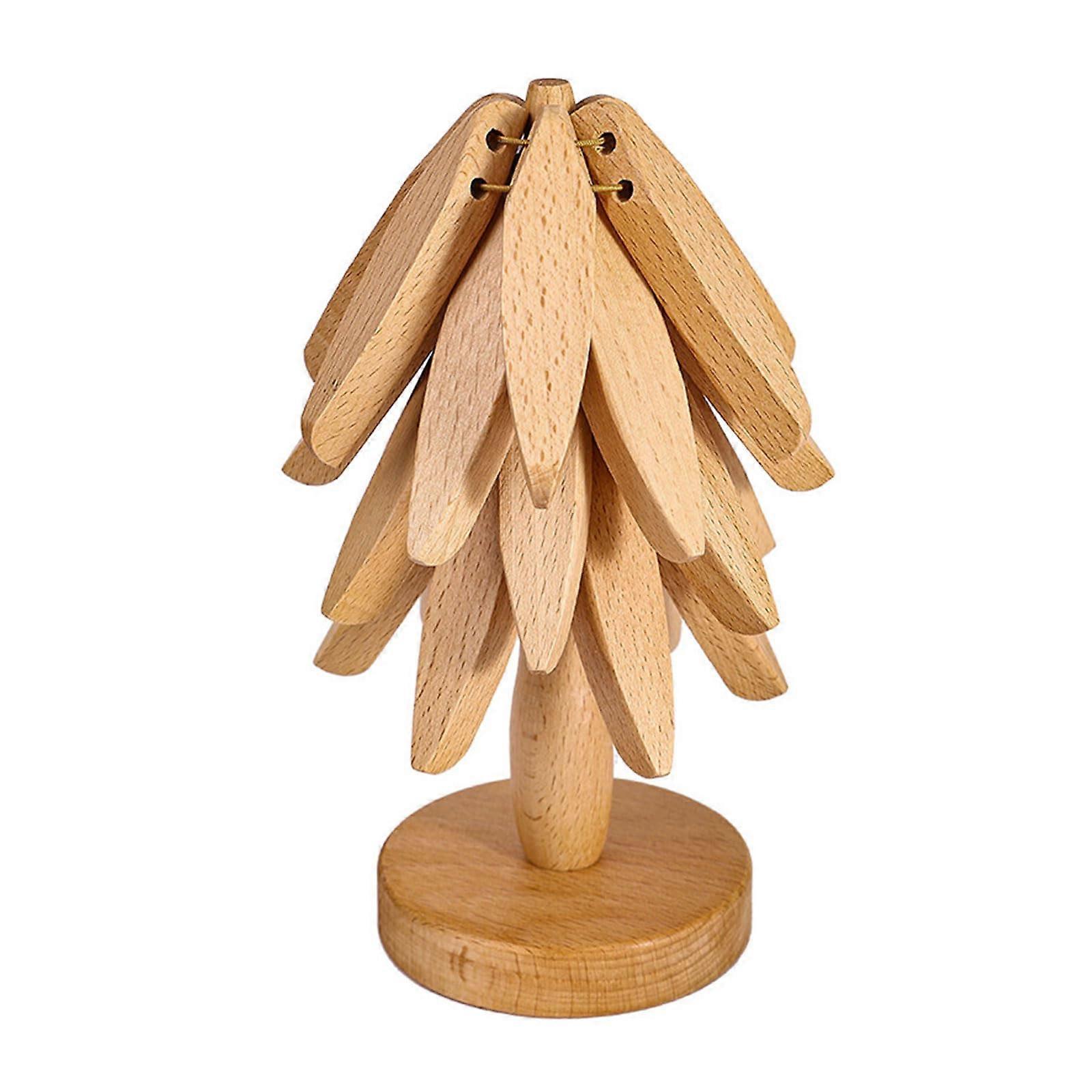 Foldable Wooden Trivet Tree Shape Heat Resistant Non-Slip for Hot Dishes Pot Bowl Teapot Black Walnut Beech