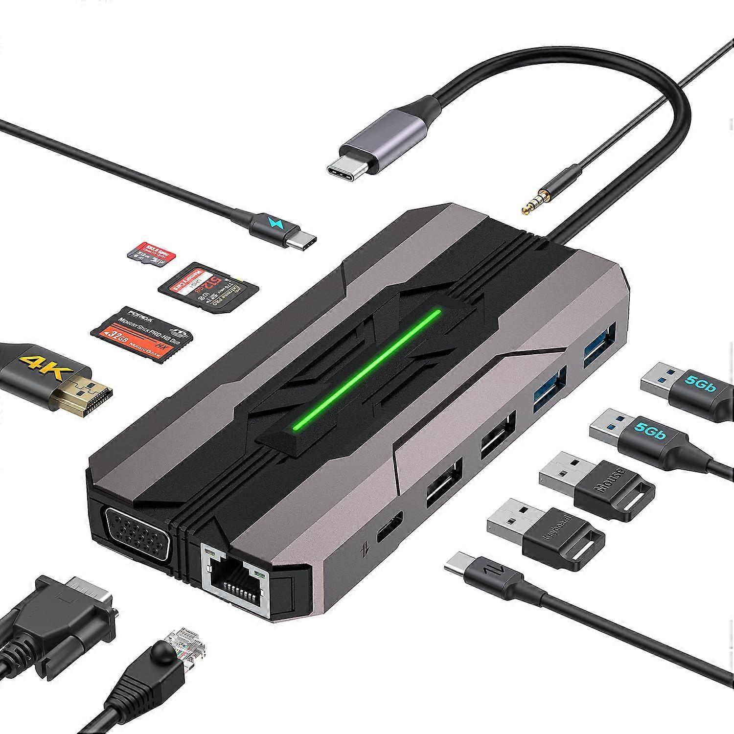 USB C Laptop Docking Station, 13 in 1 USB C Hub Multiport Adapter Dongle with 4K HDMI, VGA, PD, Ethernet, SD/TF, 2*USB 3.0&USB 2.0, 1*USB C, Mic/Audio