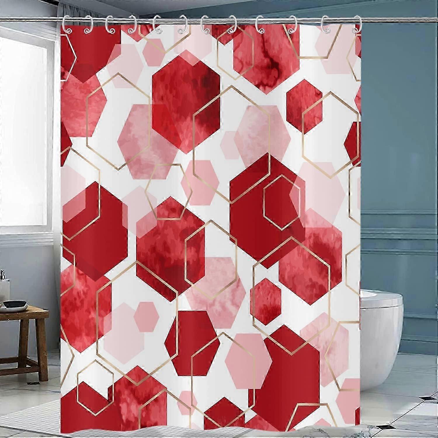 Red Waterproof Bath Curtain 72Wx84H with Hooks, Red White Abstract Geometric Modern Grid Pattern for Home Decor