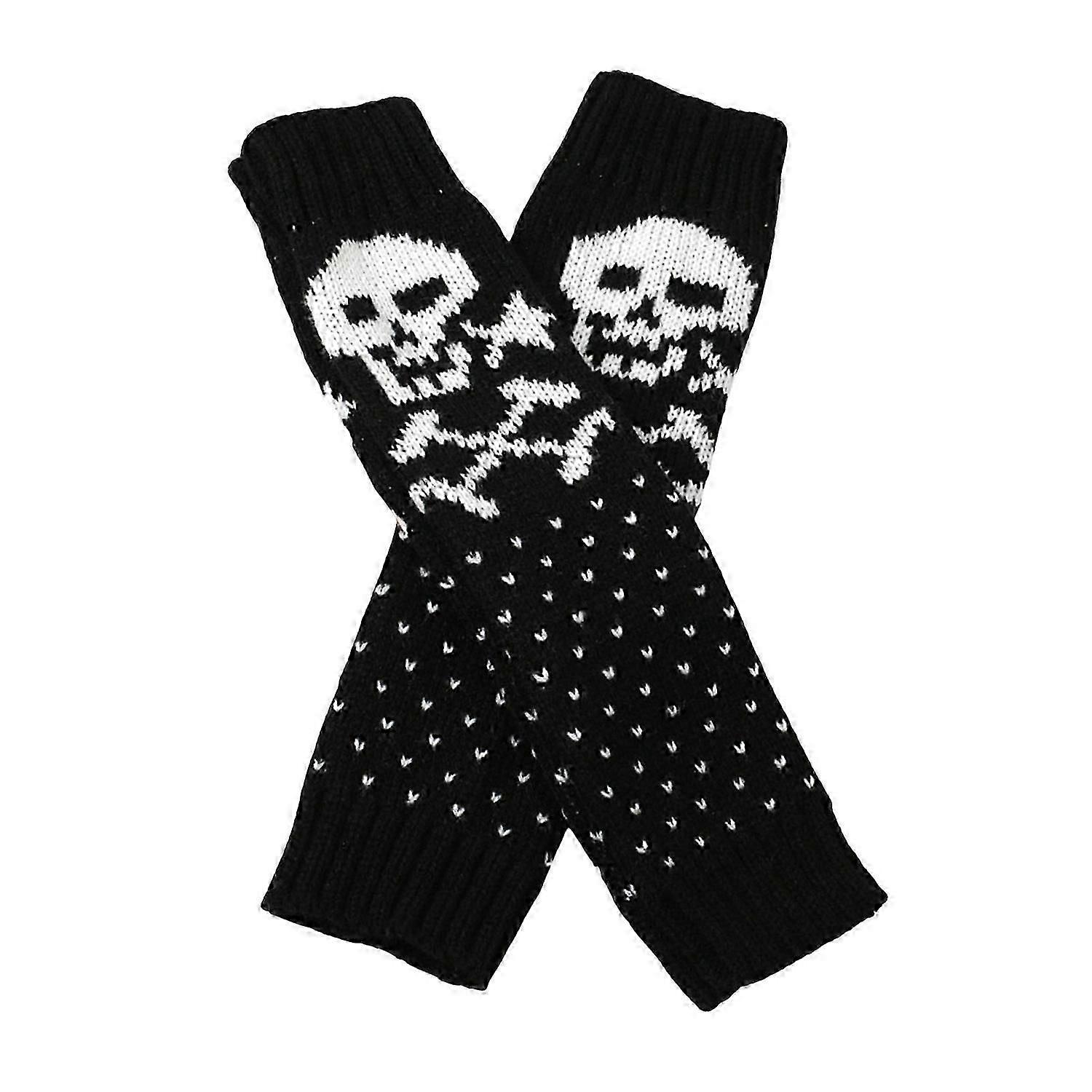 1 Çift Sonbahar Kış Eldivenleri Parmaksız Kafatası Baskı Örme Yüksek Elastikiyet Kaymaz Kol Kolları Tutmak