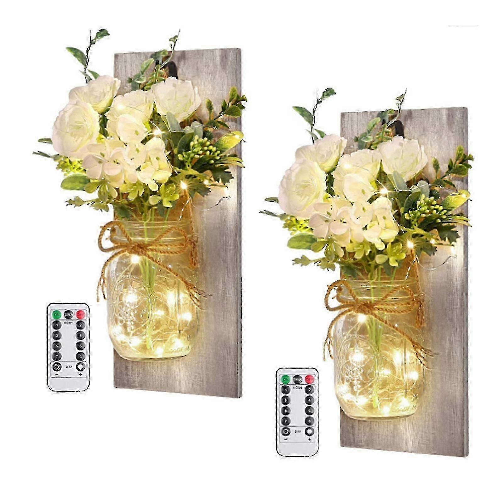 2pcs Rustic Wall Mason Jar Sconces Wall Art Hanging Design With Fairy Lights Remote
