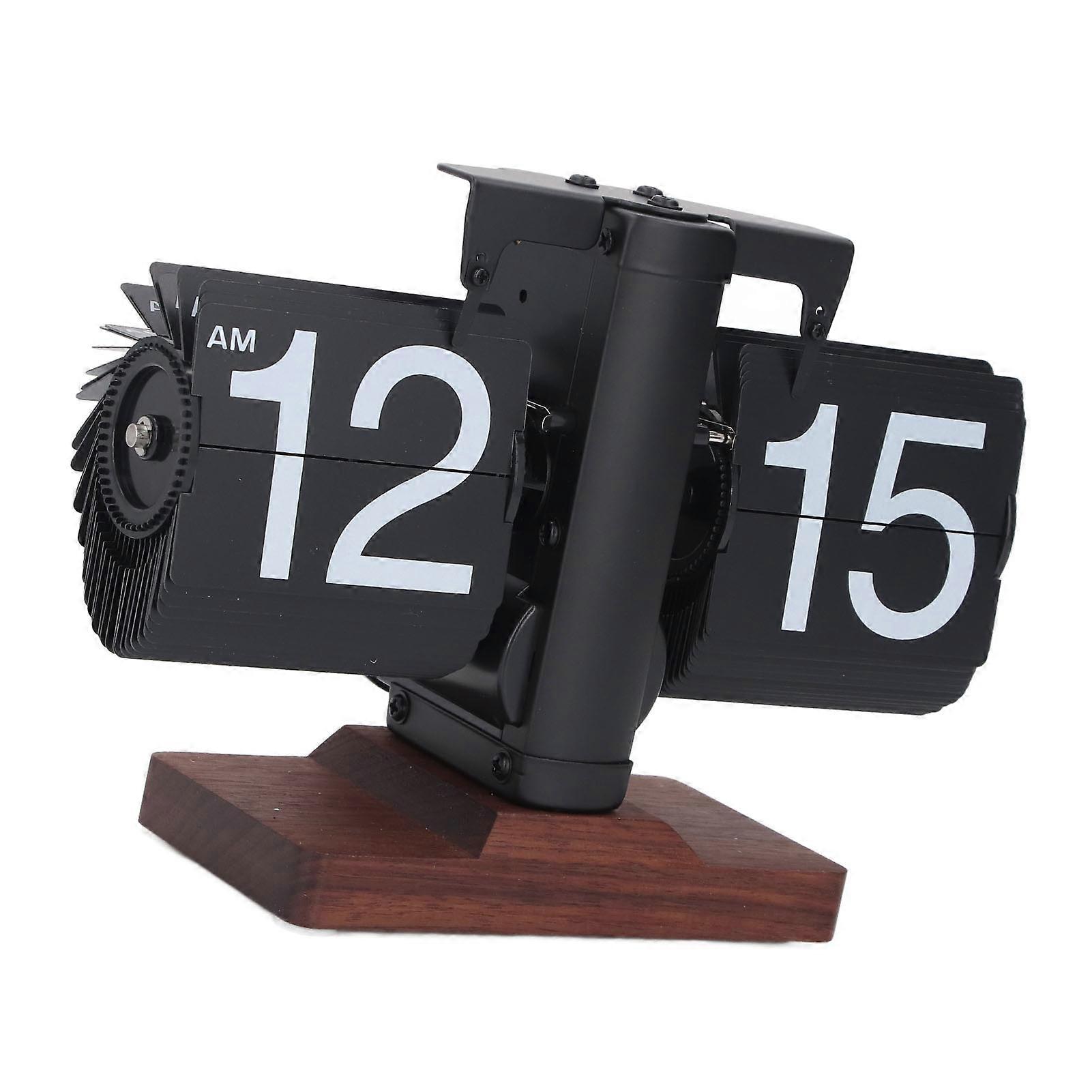 Digital Flip Desk Clock 12 Hours Single Sided Battery Powered Retro Mechanical Auto Flip Down Clock with Wood Base for Living Room Office Black Frame
