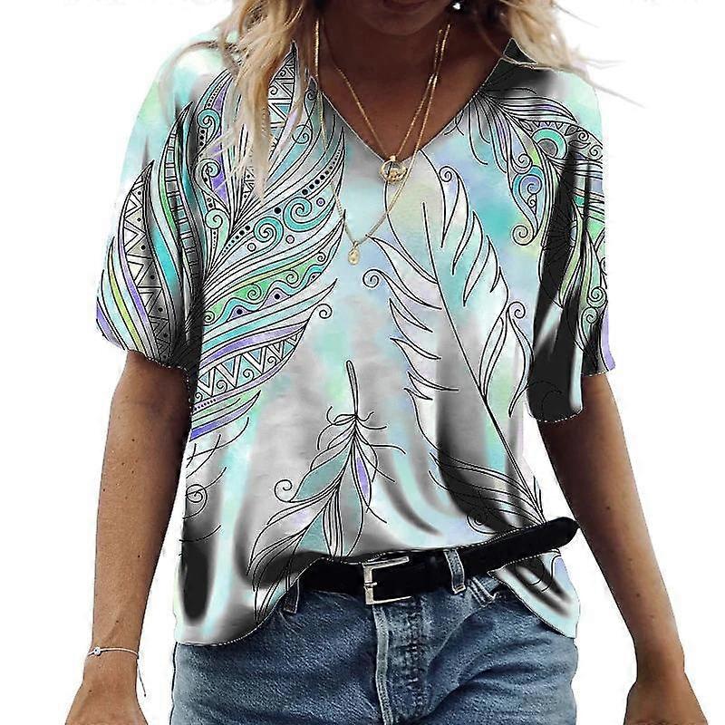 Damskie Dekolt w serek z krótkim rękawem Kwitnące kwiaty Drukowane topy Luźna koszulka Casual Bluzka