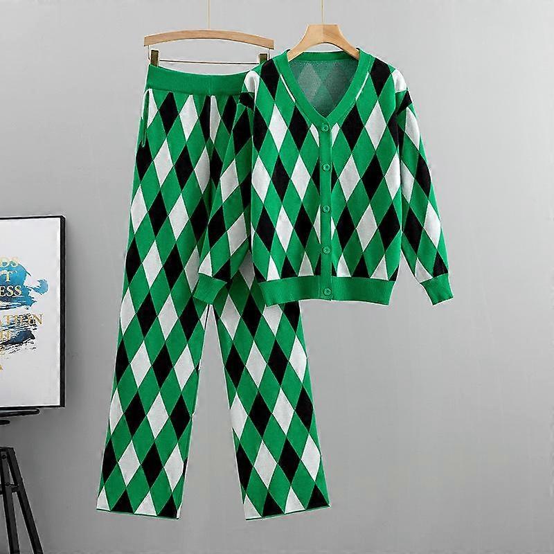 Autumn Women's Wide Leg Pants Temperament Set Plaid Casual Knit Cardigan Top Pants Two Piece Tide