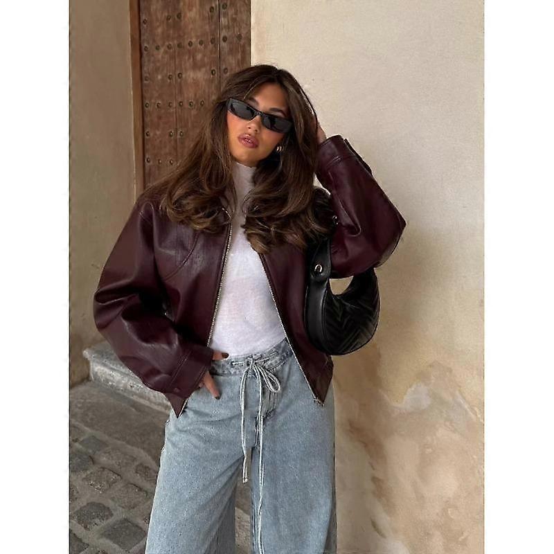 Moda Solidna skóra pu Ciepła kurtka damska Elegancka długa rękawy Zamek błyskawiczny Crop Coats Jesień Kobieta dojeżdżająca do pracy Topy uliczne