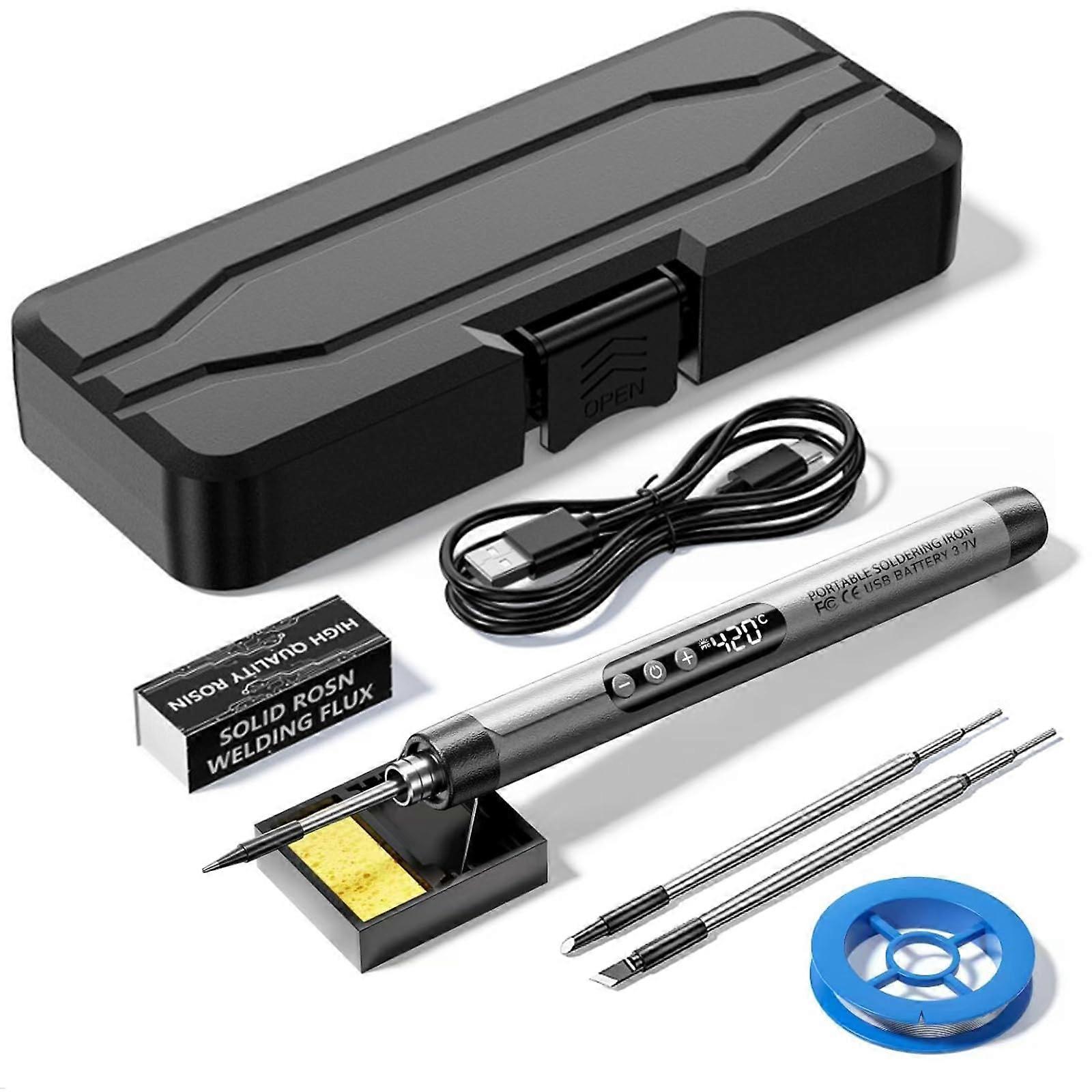 Wireless Soldering Iron Kit with LCD Display, Rechargeable 1000mAh Battery, 260-450°C Temperature, 5 Settings, 3 Tips, Stand and Case