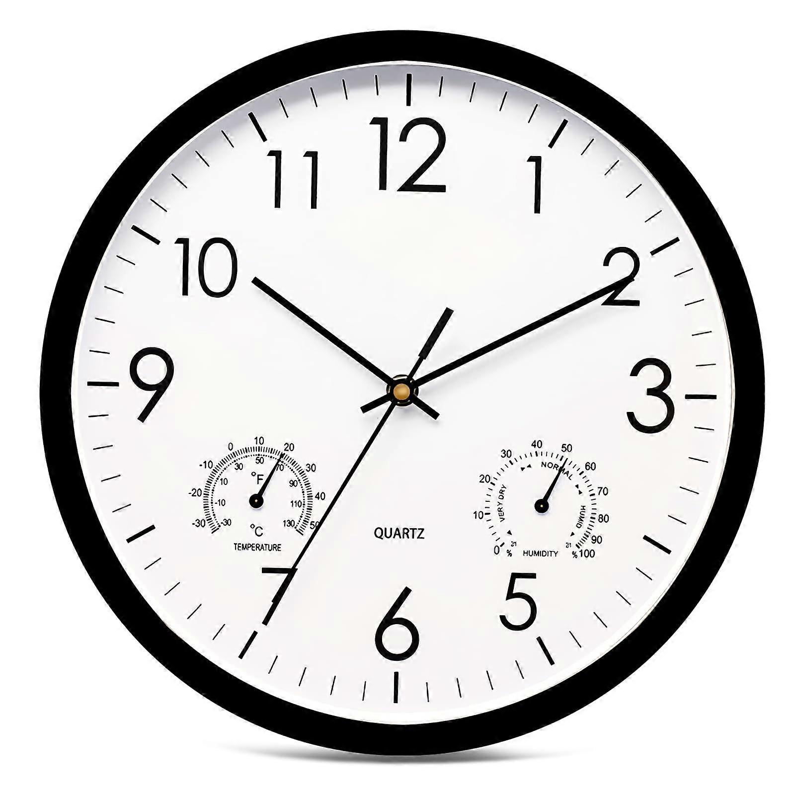 Wall Clock with Temperature and Humidity Display, 12 Inch Silent Quartz Clock, Black and White Minimalist Design, Plastic Case