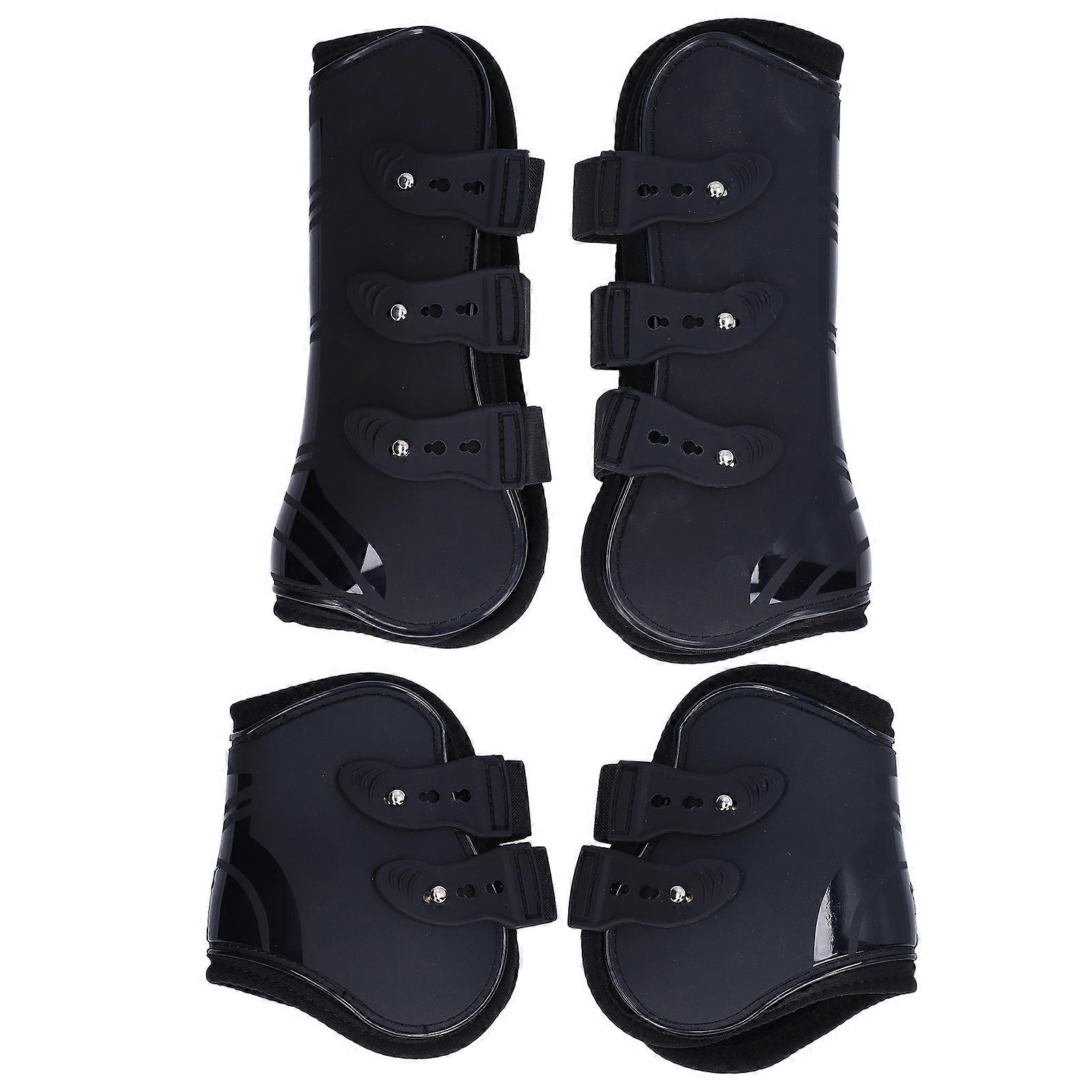 4 Pack Horse Tendon Boots, Soft and Wear-Resistant PU Shell, Horse Tendon Boots. A set of black front and hind tendon boots in size L.