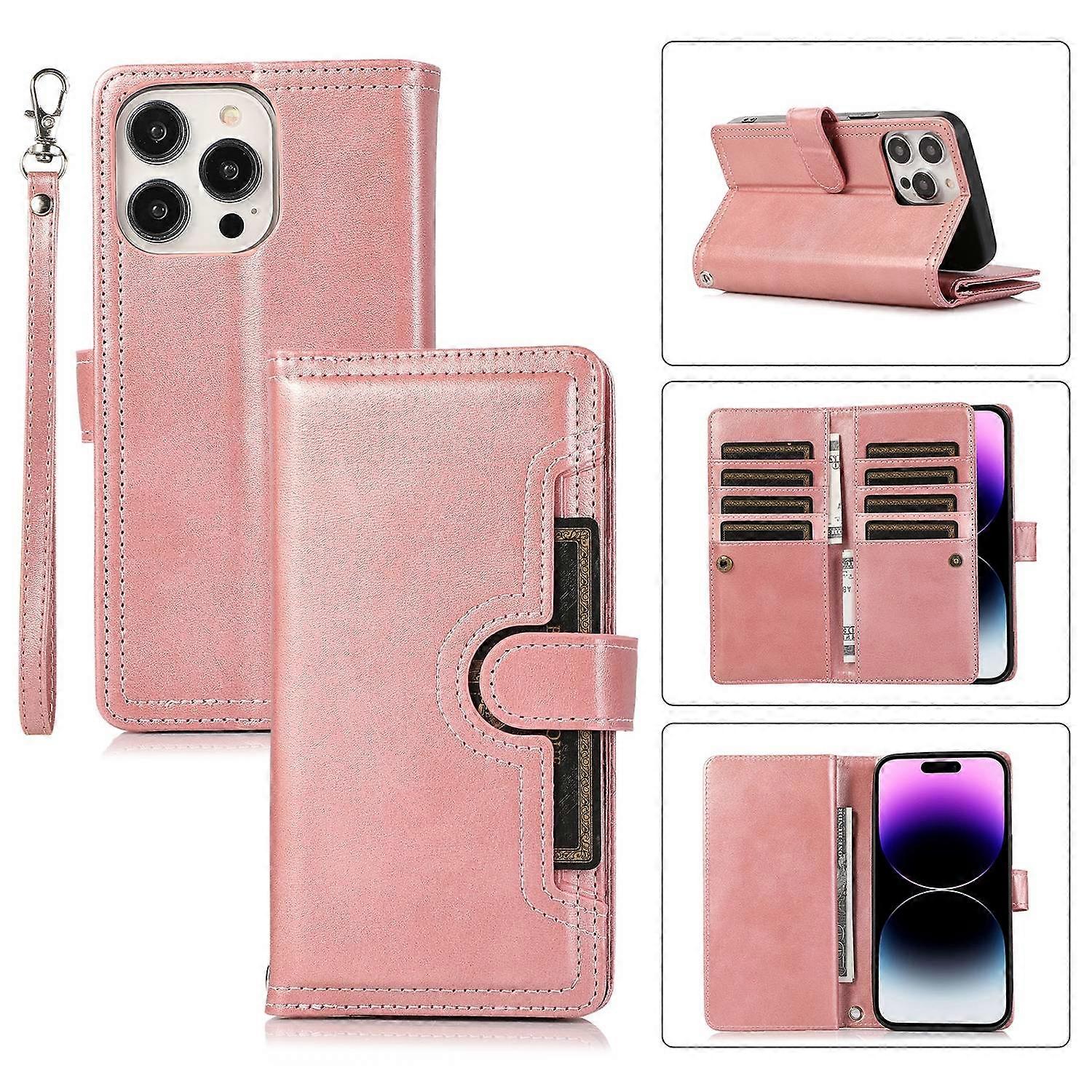 For iPhone 16 Pro Case Split Leather Magnetic Wallet Phone Protector with Wrist Strap