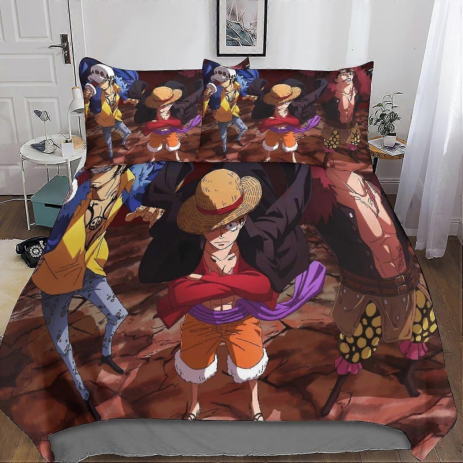 Conjunto de capa de edredom de anime, capa de edredom estilo Luffy 3D Conjunto de cama com fronhas, microfibra macia para adultos e crianças 3 peças