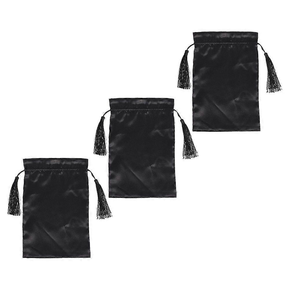 Black Satin Fabric Wig Storage Bag with Drawstring for Hair Extensions and Travel 3 Pack