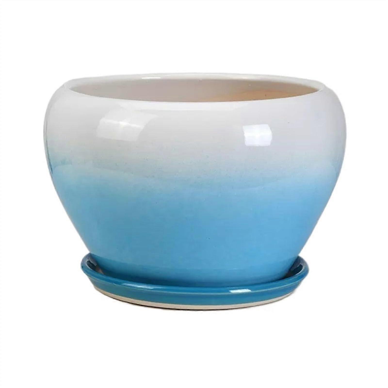 Flower Pots, Large Ceramic Flower Pots with Colour Gradient and Tray for Indoor Use, Round Planters for Succulents, Blue, Medium