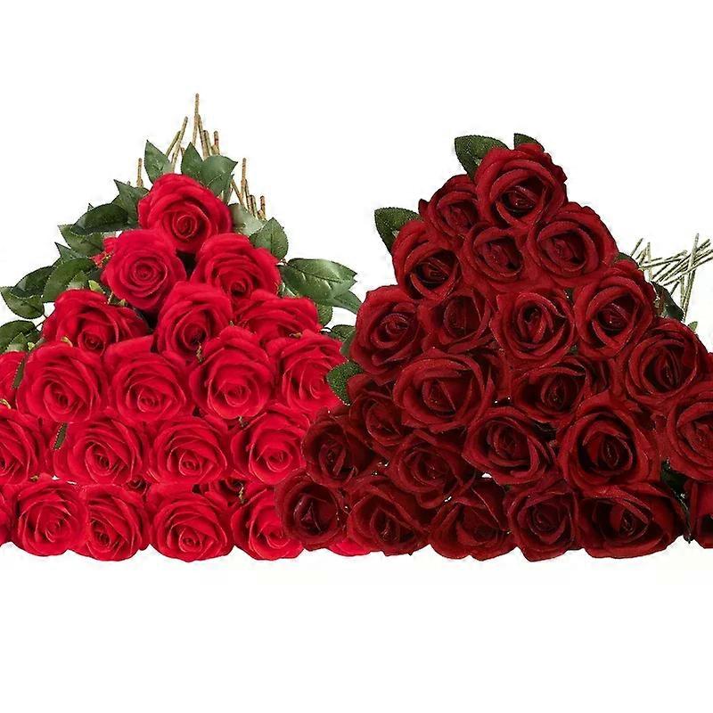 50pcs Artificial Velvet Roses Real Touch Fake Roses for Valentine's Day Wedding Bouquet Home Decor DIY