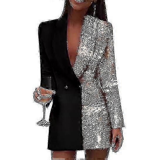 Frauen Mode Colorblock Pailletten Langarm Zweireihige Bodycon Blazer