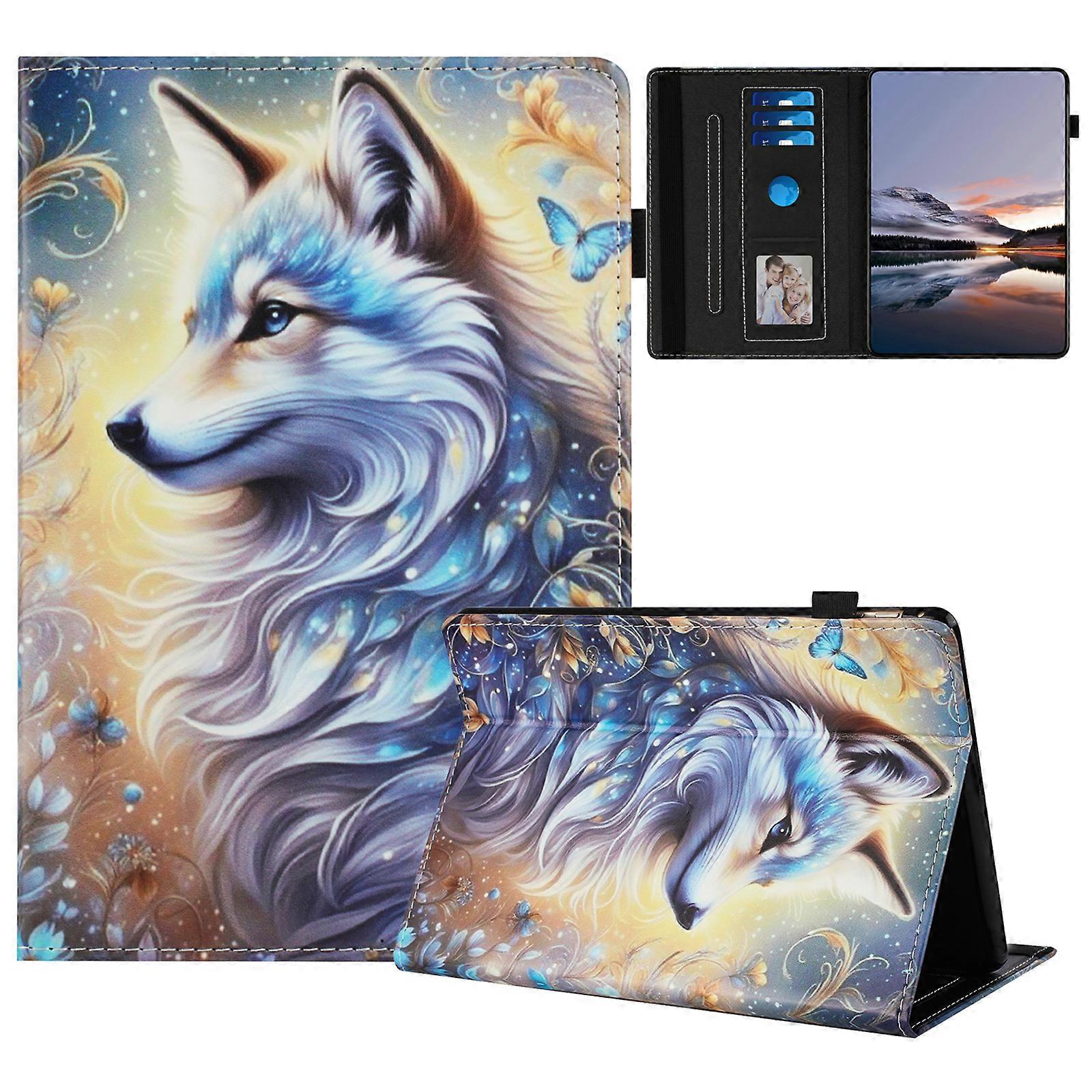 כיסוי לטאבלט עבור אמזון קינדל Paperwhite 4 (2018) 3 (2015) 2 (2015) 1 (2015) כיסוי עור דפוס עם מחזיק כרטיסים זאב לבן