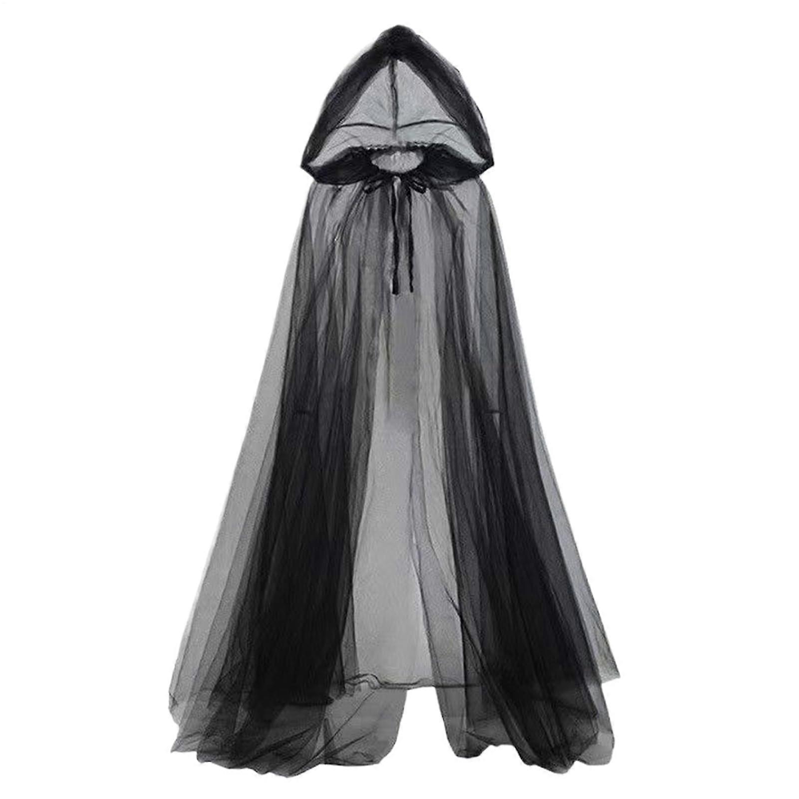 Schwarzer Umhang Damen, Langer Transparenter Hexenumhang für Frauen, Kostümzubehör für Renaissance Hochzeiten und Feste