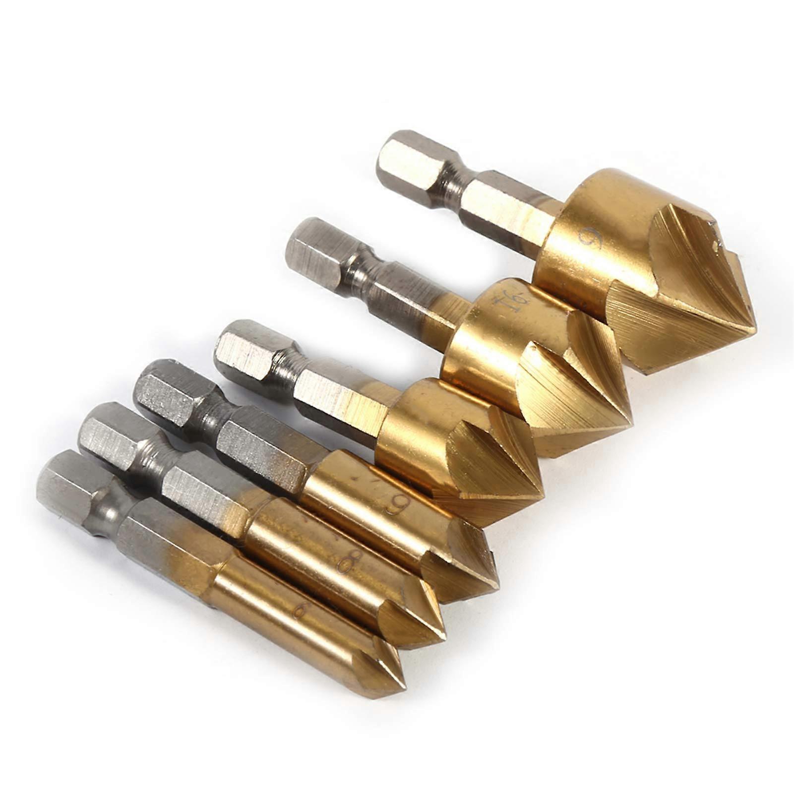 Reamer for woodworking, 6piece countersink set, 1/4' hex shank, 6 mm  19 mm, fast chip removal and smoother cuts, selfadjusting.