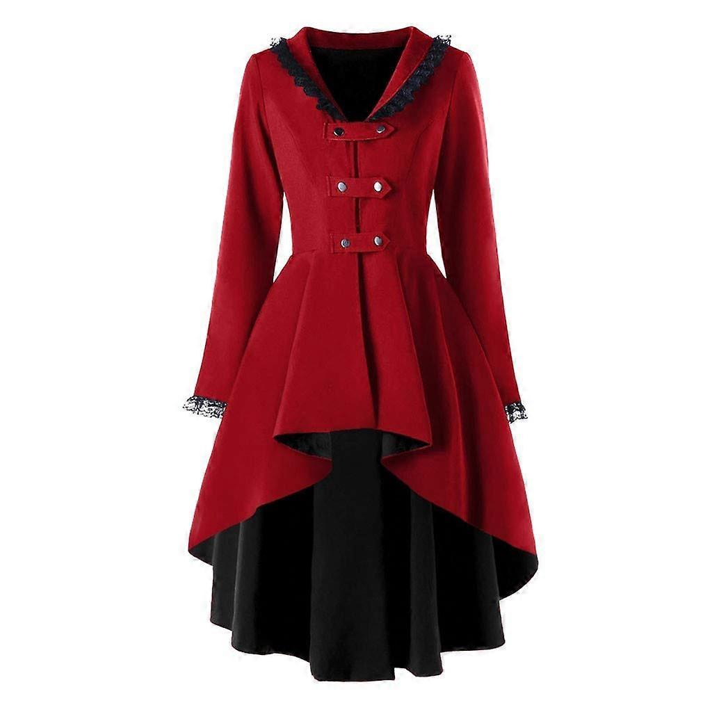 Womens Coat Red Lace Long Coat Casual Slim Fit With Irregular Knob Detailing Formal Outerwear Size L