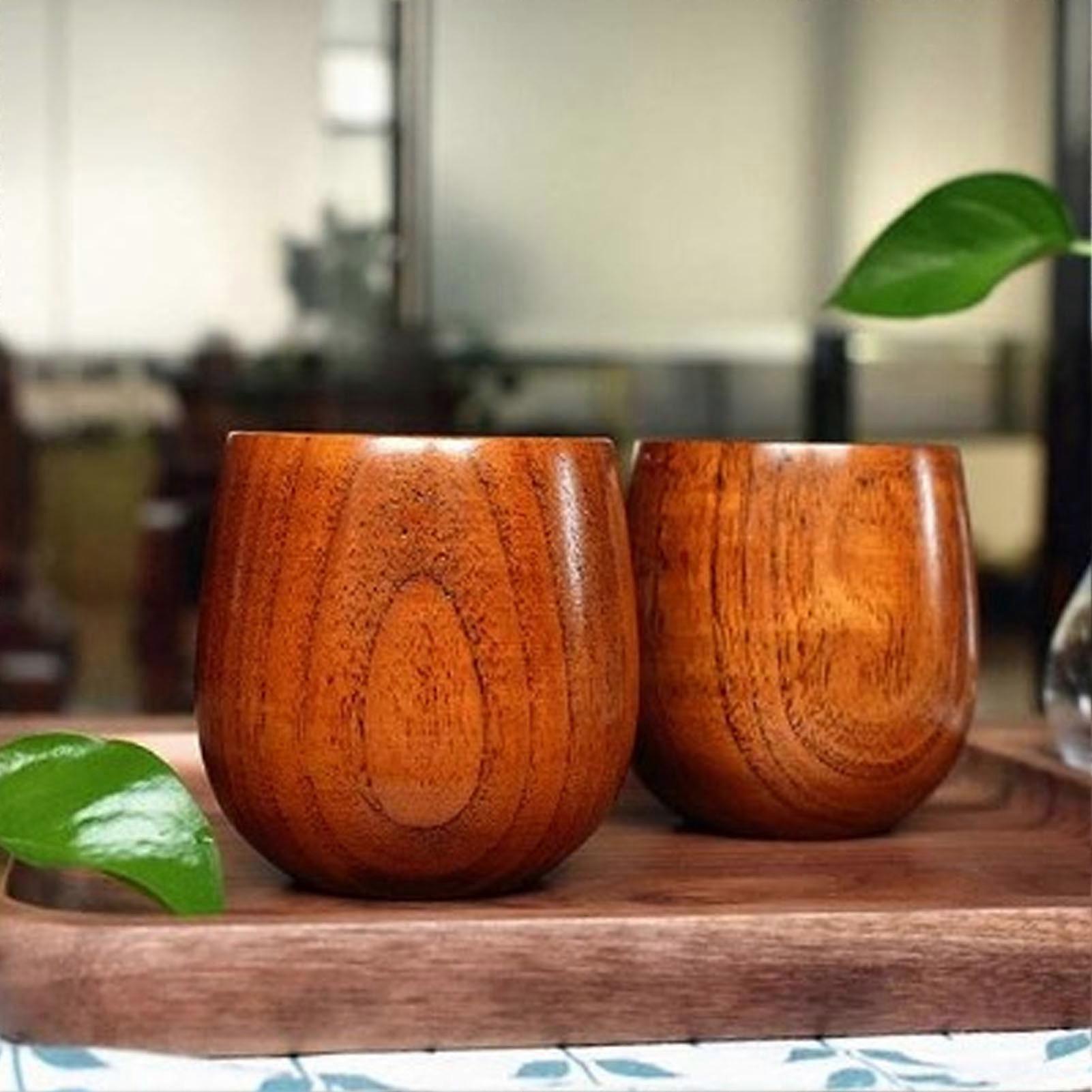 Handmade Solid Wood Tea Cups 2 Pcs Eco Friendly Hot Drink Mugs