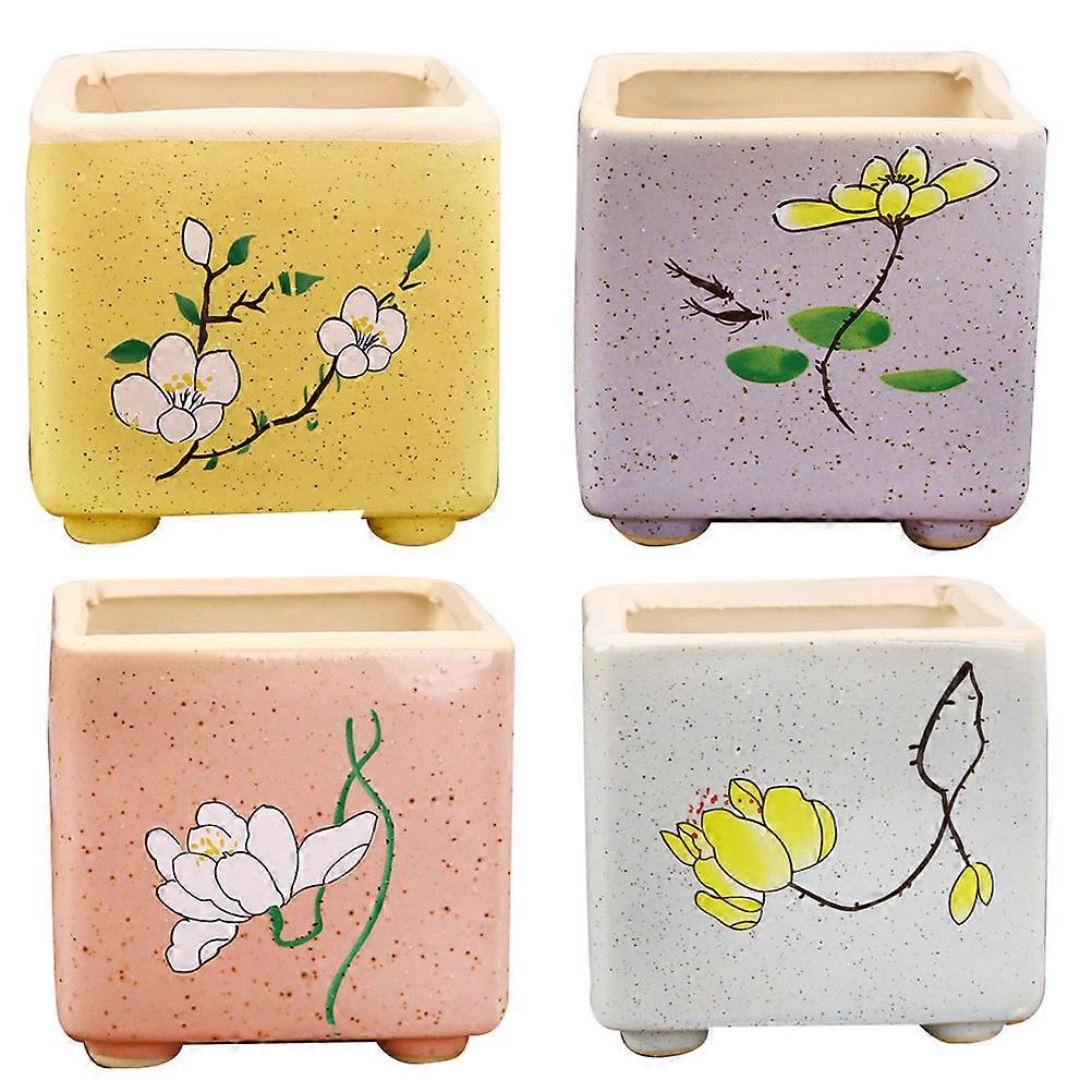 Porcelain Flower Pot Drainage Mini Succulent Pots Square Assorted Colors Beautiful And Practical For Desk And More 4Pcs