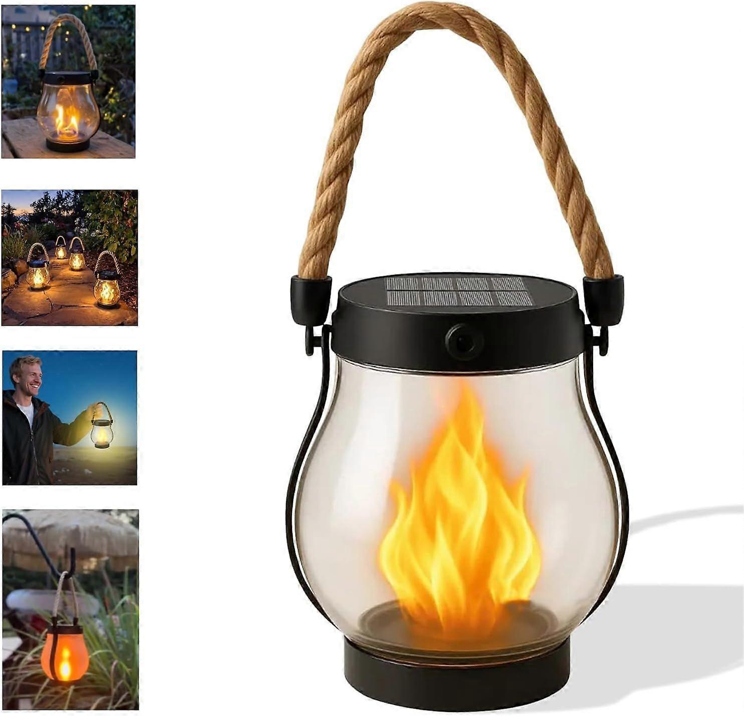 Solar Lantern Outdoor Lights, Dancing Flame Solar Lantern Outdoor Lights, Hemp Rope Hanging Flame Lamp, for Camping Pathway Garden Yard Decor