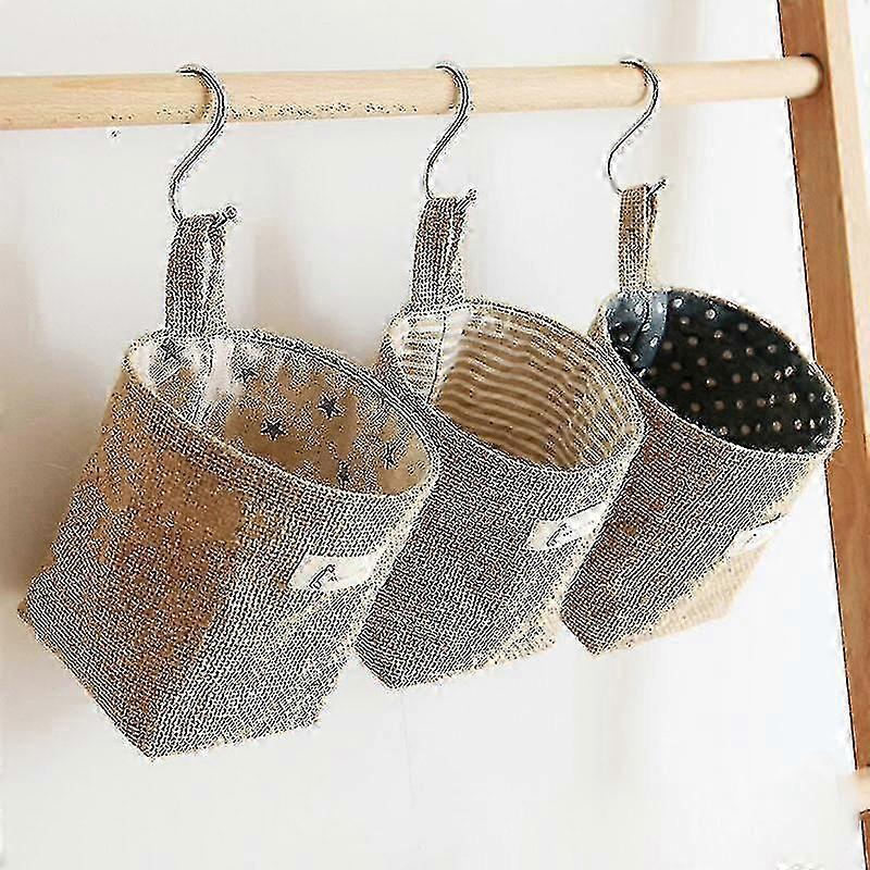 Cotton and Linen Folding Cube Storage Basket with Handle Small Storage Basket 3-piece Set A Starlight
