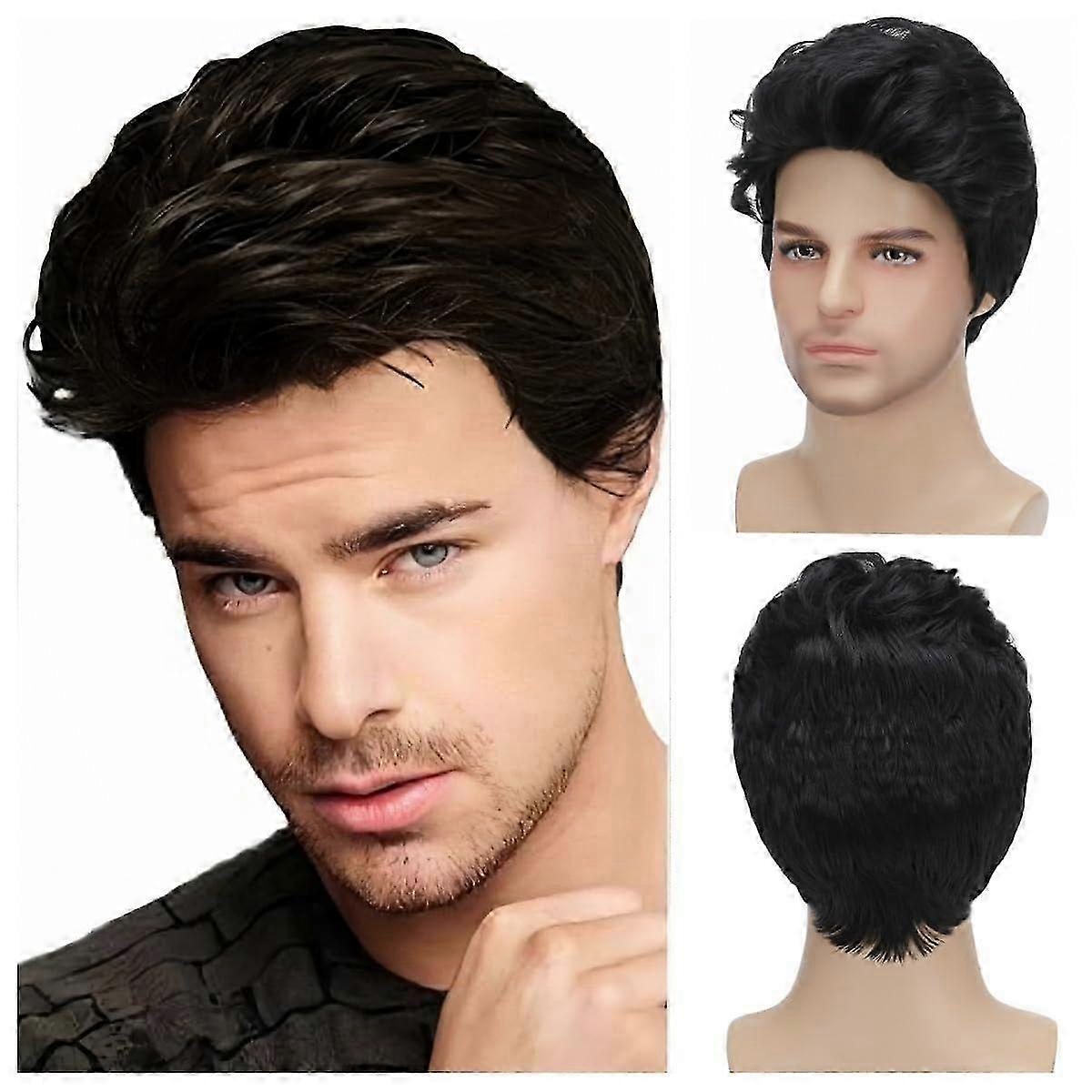 Short Black Wigs for Men Layered Natural Curly Synthetic Replacement Full Wig for Male Dai