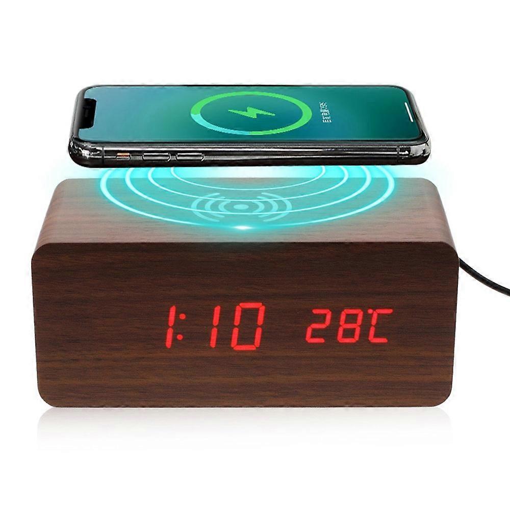 Wooden Alarm Clock with Qi Wireless Charger Sound Control LED Digital Clock Temperature Display