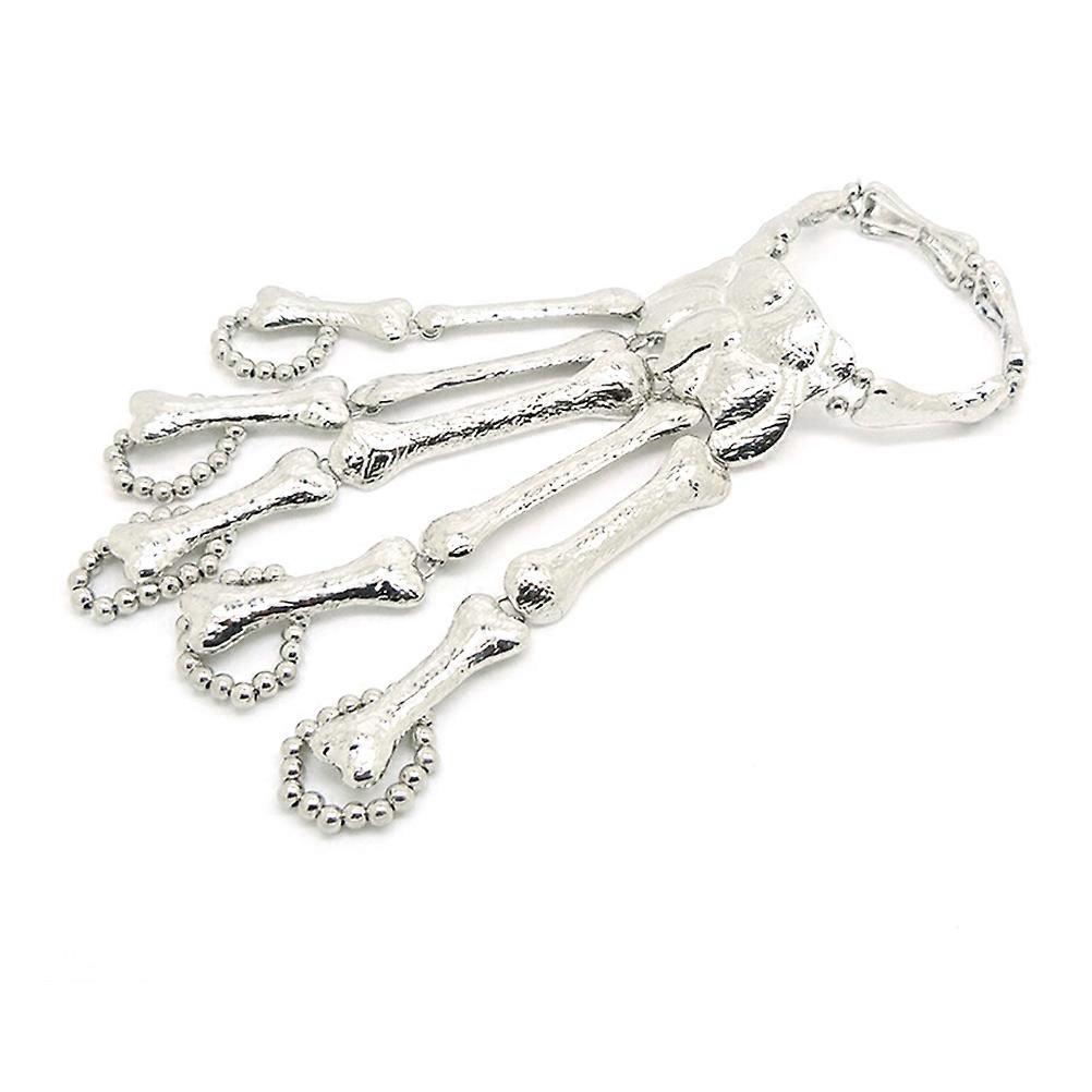 Skeleton Skull Hand Talon Finger Bone Alloy Bracelet with Ring Silver