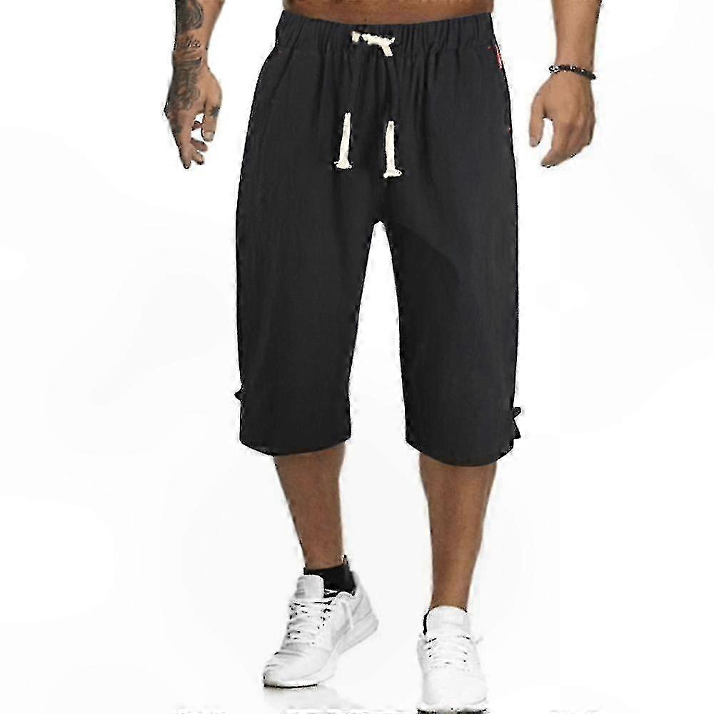 Men's Casual Elastic Waist 3/4 Linen-Style Pants for Summer Plus Size Capri Trousers