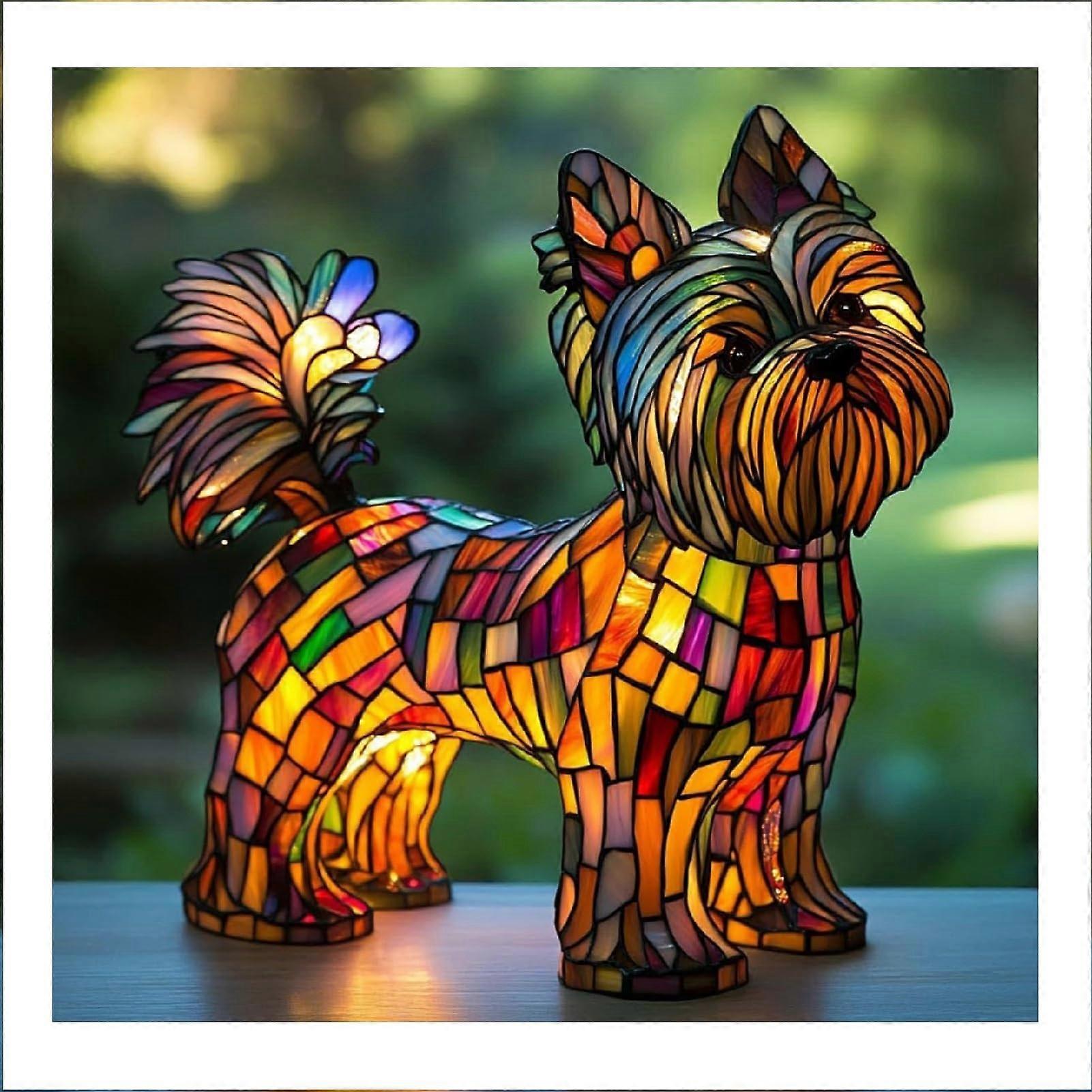 Yorkshire Terrier Dog Lamp Desk Stained Glass Night Light Resin LED Bedside Table Lamp Pet Motifs