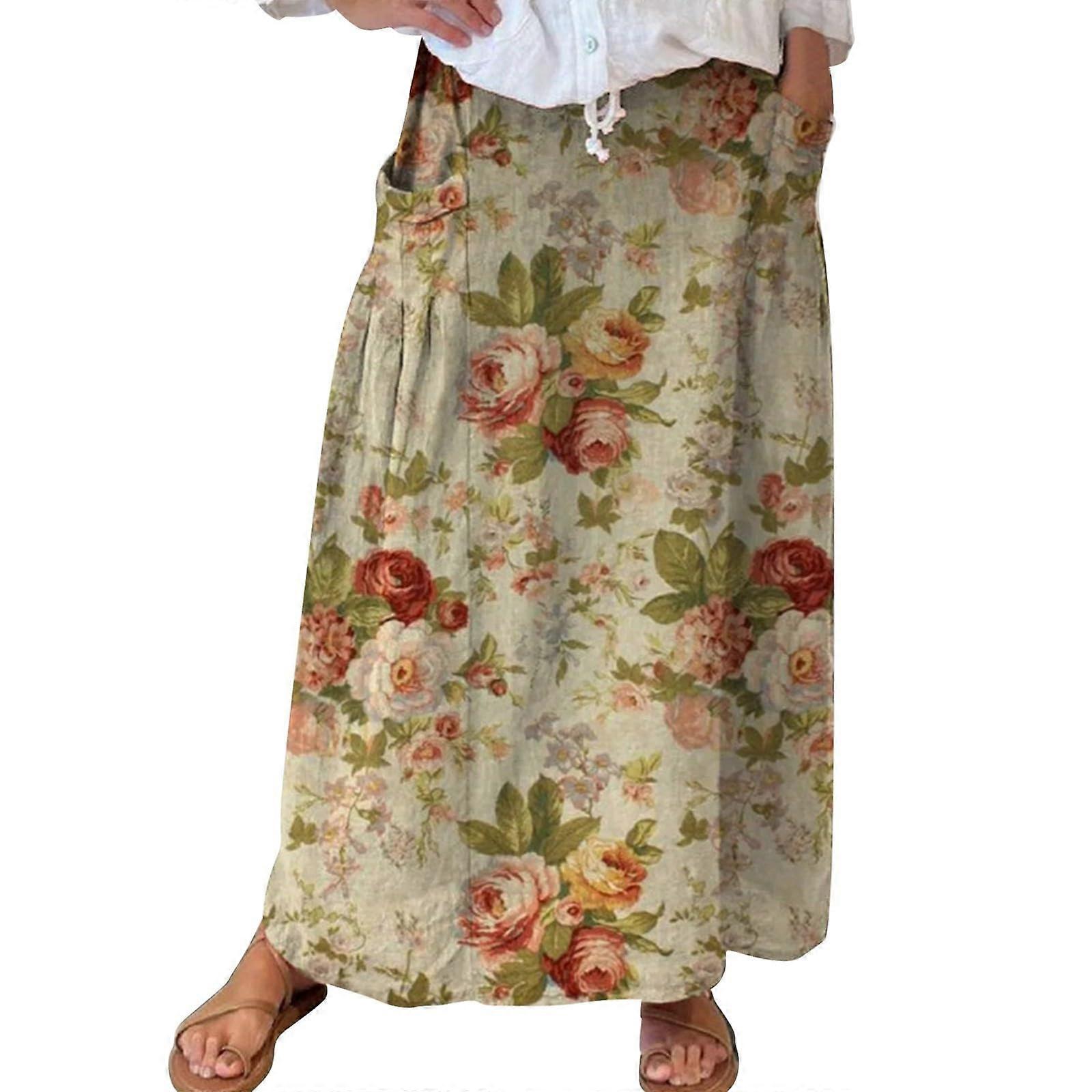 Linen Maxi Skirts for Women UK Boho Irregular Floral Elastic Waist Pockets Khaki 3XL Plus Size