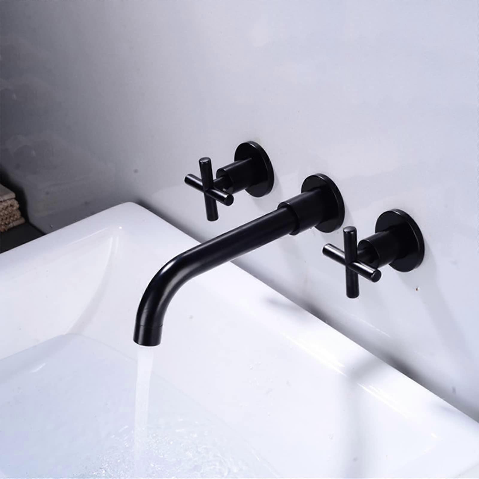 Basin Wall Mounted Brass Basin Mixer  360 Degree Rotating Spout, Dual Handles, Hot And Cold, Black Finish Sink Faucet