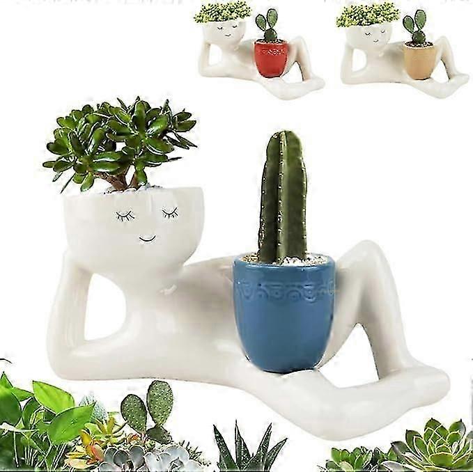 Lazy Guy Planter - Funny Character Pot for Succulents & Cactus with Drainage Hole & Cute Face