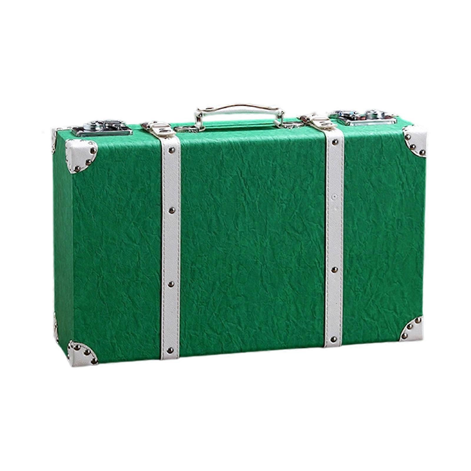 手作りのヴィンテージウッドスーツケース、レザーハンドル付き、大きな収納チェスト、装飾的な旅行トランク、写真小道具、ピーコックグリーン