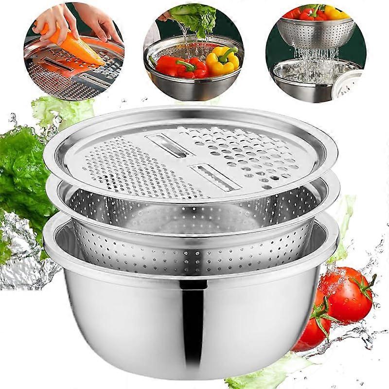 Multifunctional Stainless Steel Basin 2024 Model 3 In 1 Colander Mixing Bowl Set With Drain Basket 28cm