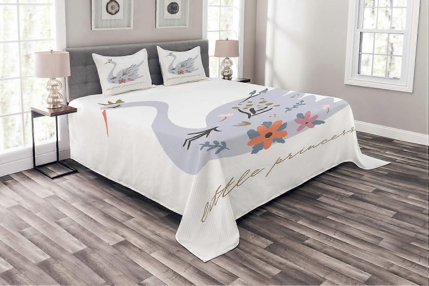 Swan Bedspread Set, Multicolor Abstract Floral Bird Design, Decorative Quilted 3 Piece Coverlet with 2 Pillow Shams
