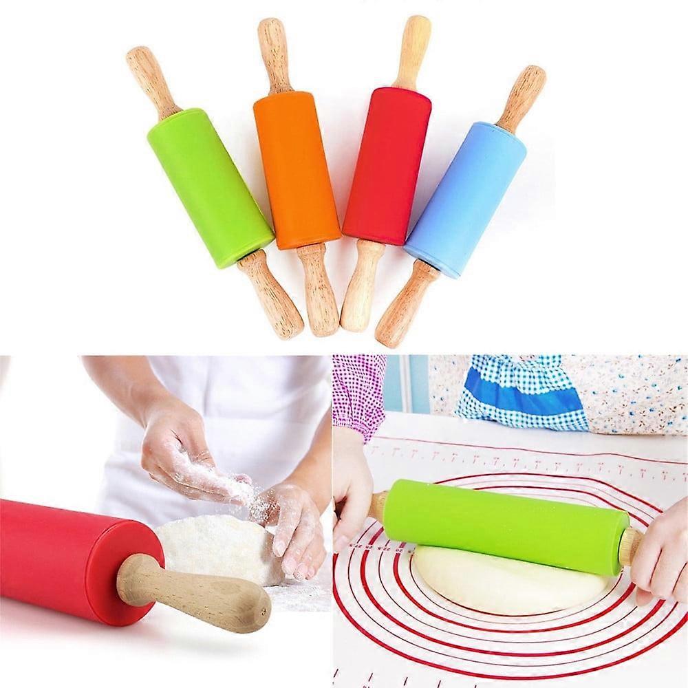 Kiplyki Wooden Handle Silicone Rollers Rolling Pin Kid Kitchen Cooking Baking Tool