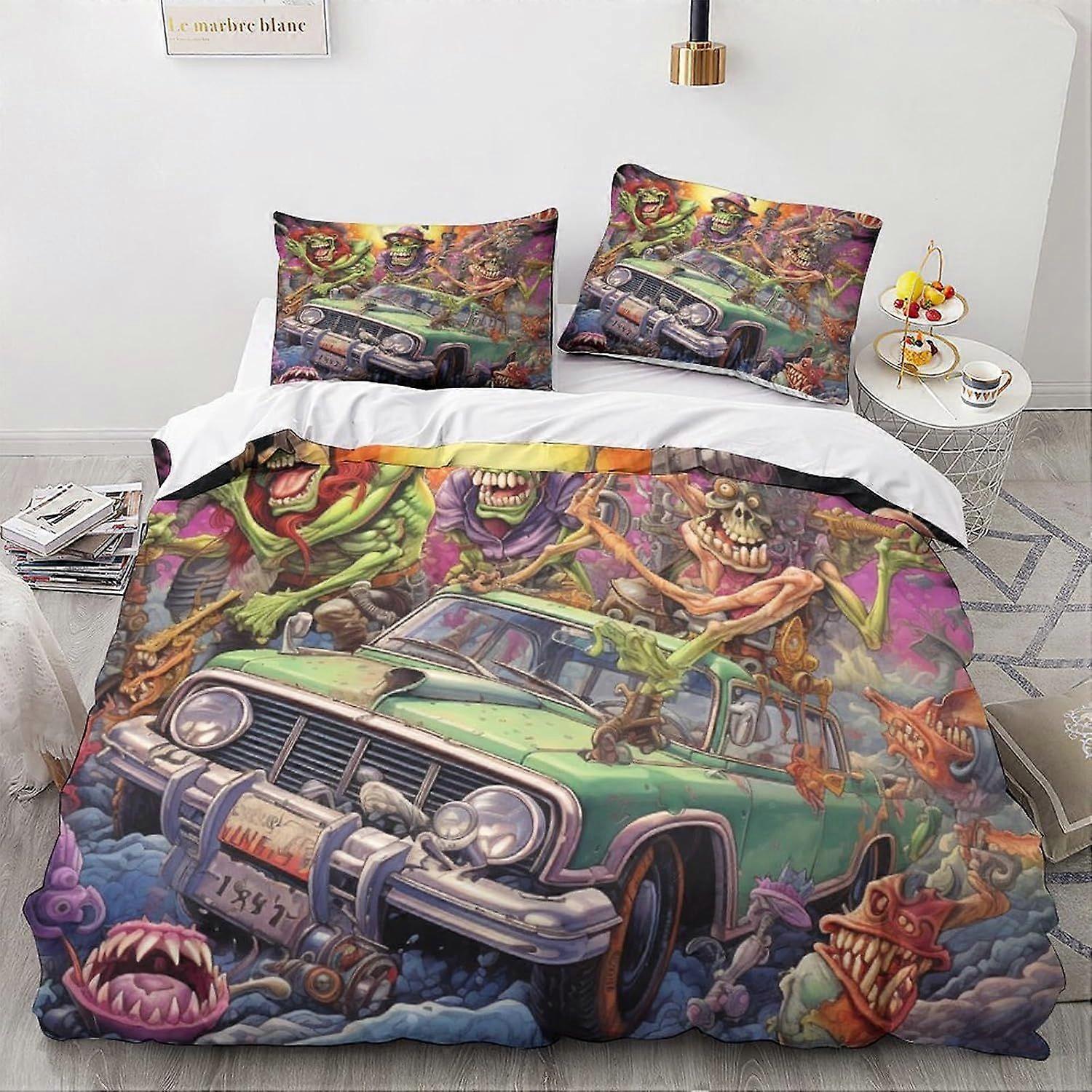 LikeEj Monstros Estilo 3D Digital Print Cartoon Bedding Sets vintage carro impressão edredom Cover Sets Soft Microfiber 3Pcs Quilt Cover com fechamento com zíper