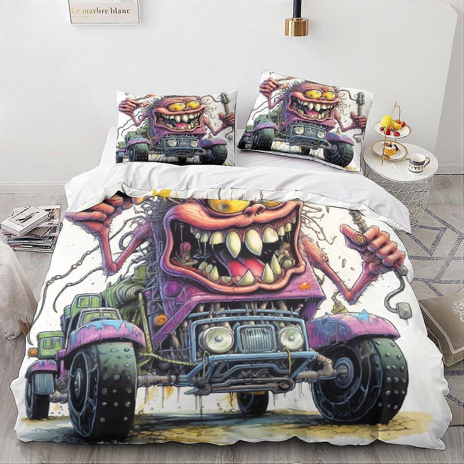 LikeEj monstro roupa de cama edredom capa 3D cartoon impresso edredom capa edredom com fecho com zíper, vintage carro cama dupla