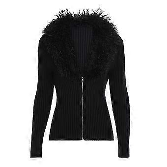 Stilvoller Strickpullover mit Kunstpelzkragen, schmaler Passform, langen Ärmeln, tiefem V-Ausschnitt, Reißverschluss und Rippstrick für Damen, Größe S