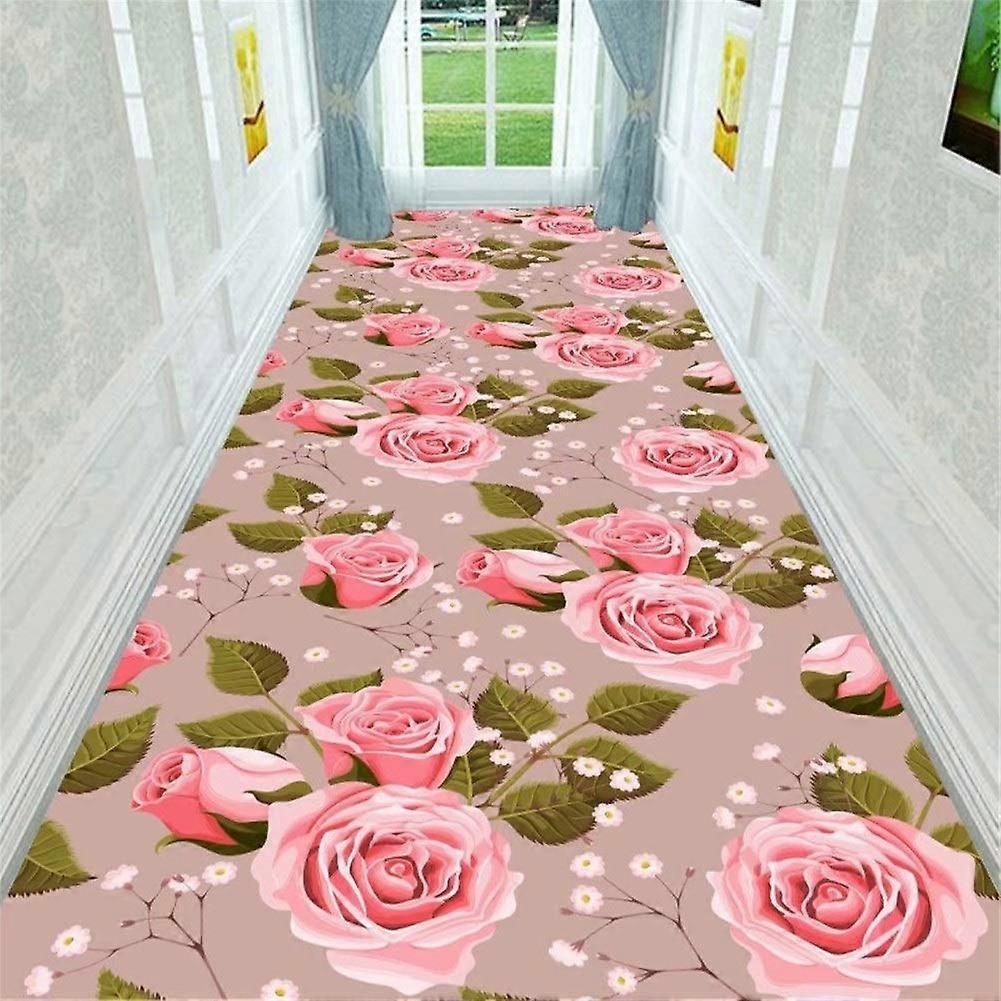 Non Slip Runner Rug with Pink Floral Pattern for Hallway Kitchen Entryway, 3D Farmhouse Accent Mat, 3'3' x 14'9' Rectangular
