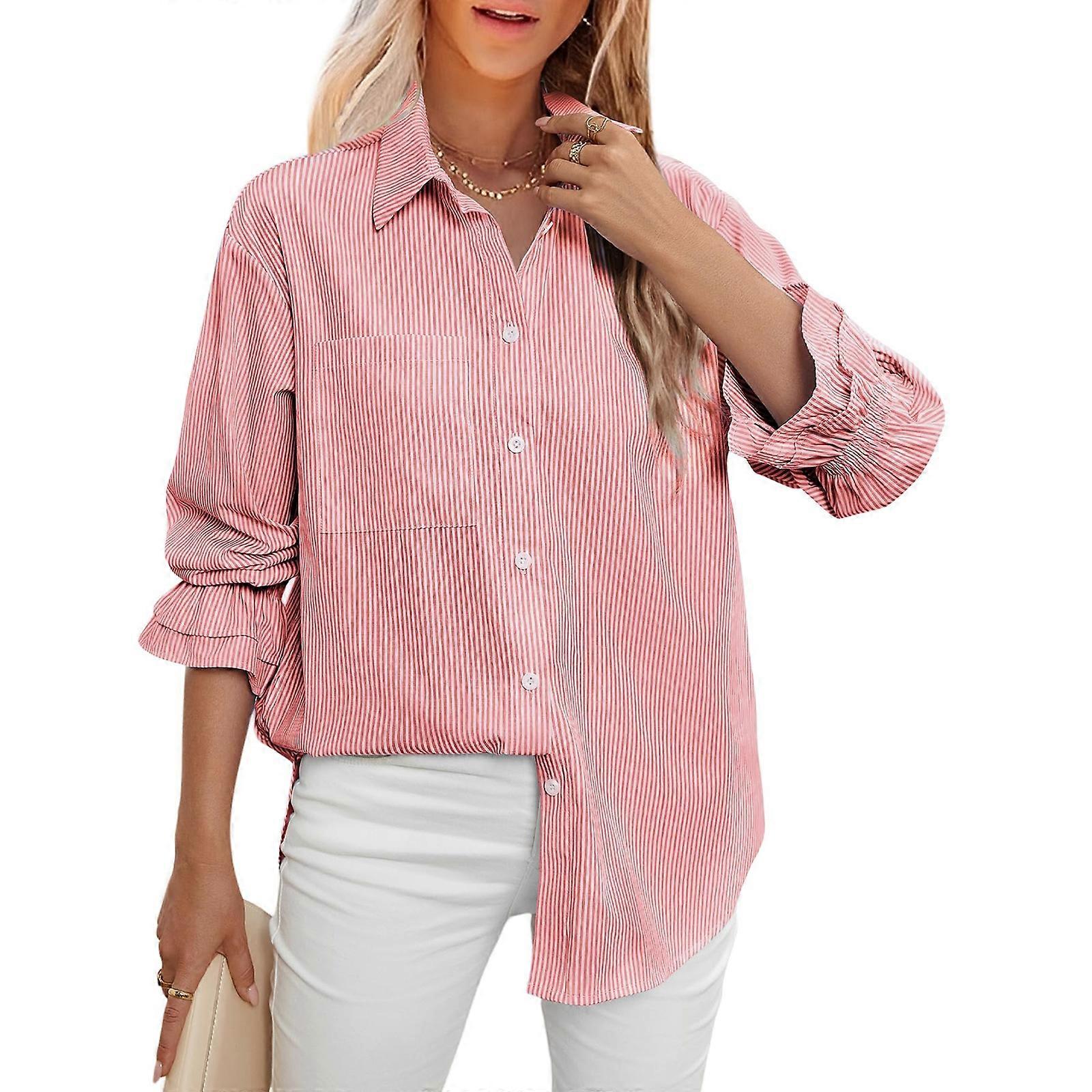 Women's Smocked Cuffed Stripe Boyfriend Button Down Shirts Collared Ruffle Sleeve Casual Top with Pockets  Red XL
