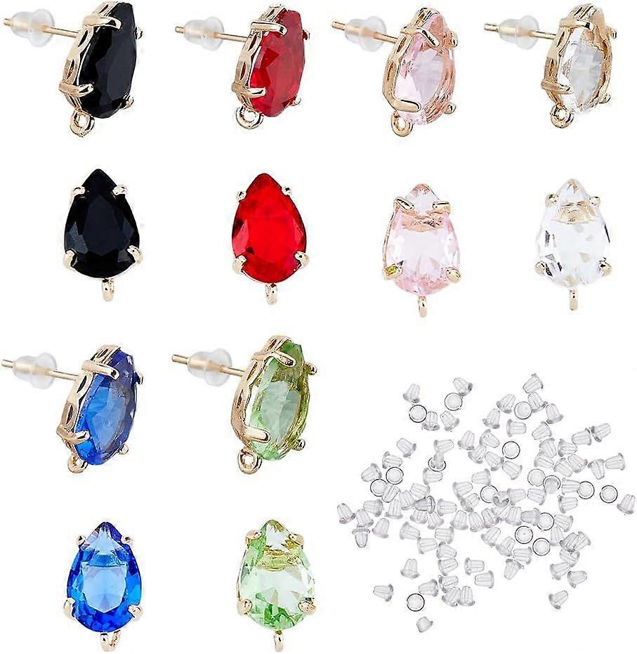 24Pcs 6 Colors Brass Teardrop Earring Stud with Vertical Loop Colorful Transparent Glass Earrings Posts with Ear Nuts Stud Earrings Findings for DIY E