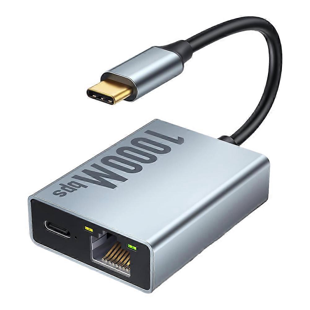 USB-C Ethernet Adapter 2-in-1 1000Mbps RJ45 Network Converter for Chromecast with Google TV Plug and Play Grey
