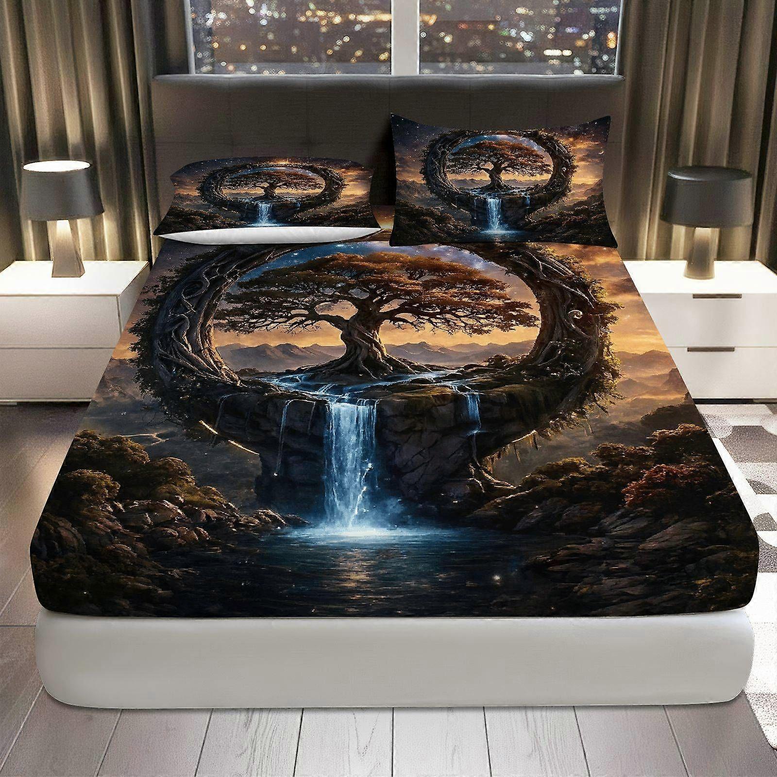 3pcs Fantasy Tree Waterfall Nature Fitted Sheet Set  Coreless Tranquility Theme