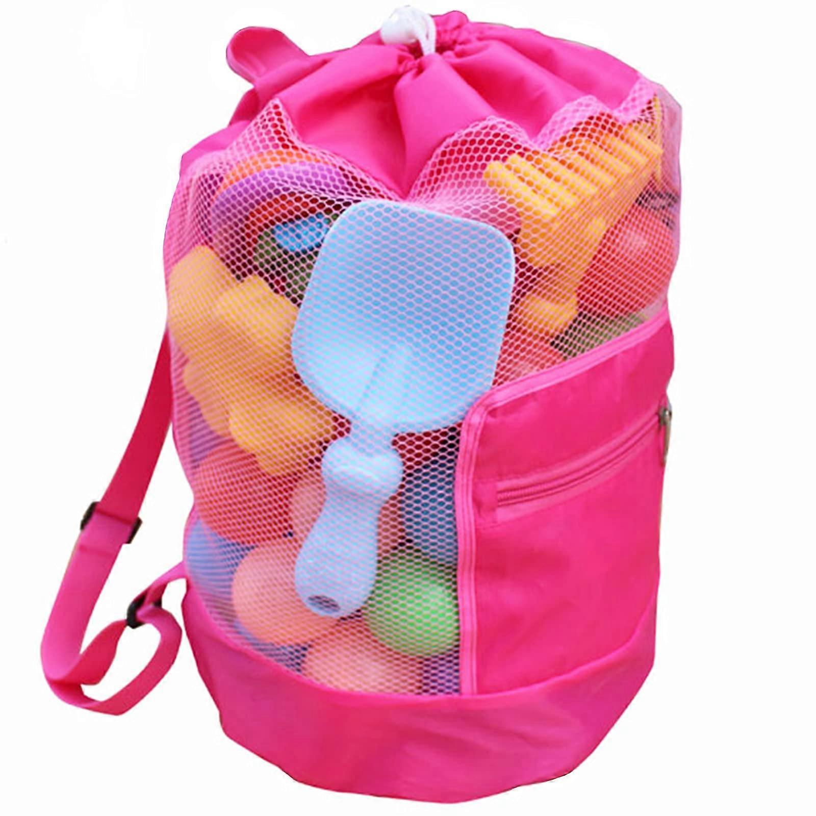 Large Capacity Mesh Beach Toy Bag with Adjustable Shoulder Strap, Foldable Sand Toy Storage Backpack Pink