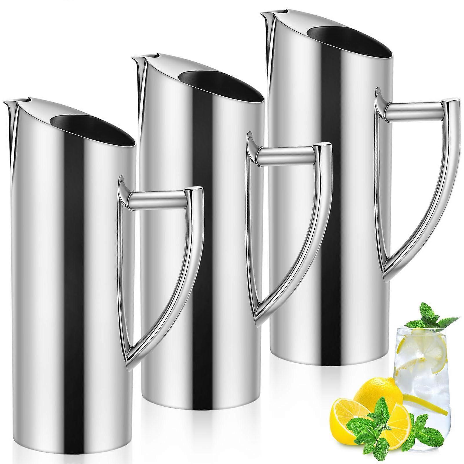 3 Pack 53oz Stainless Steel Water Pitcher Set with Angled Ice Shield and CoolTouch Handle, Silver