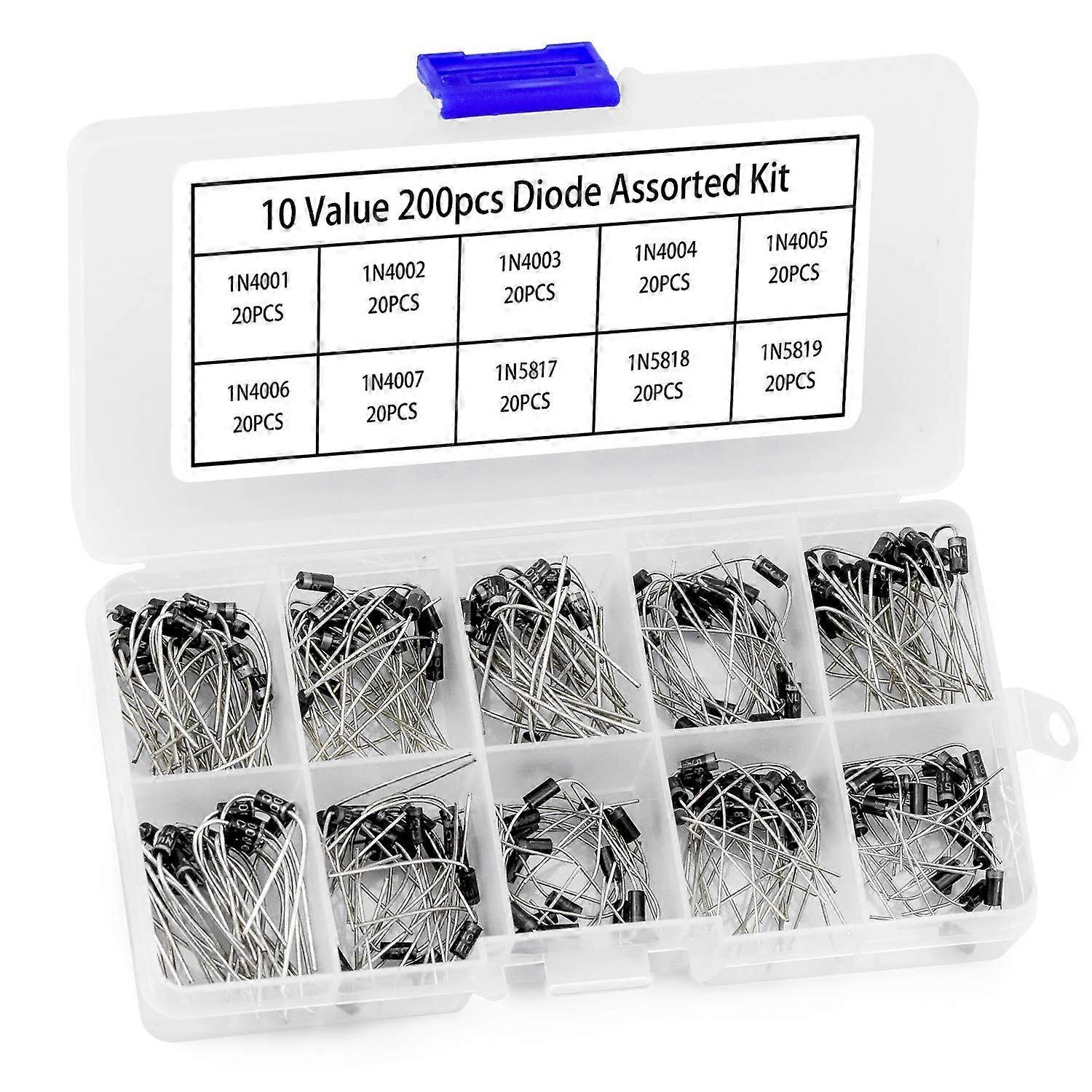 Kit of 200 assorted rectifier diodes, including different types, essential for various electronic projects